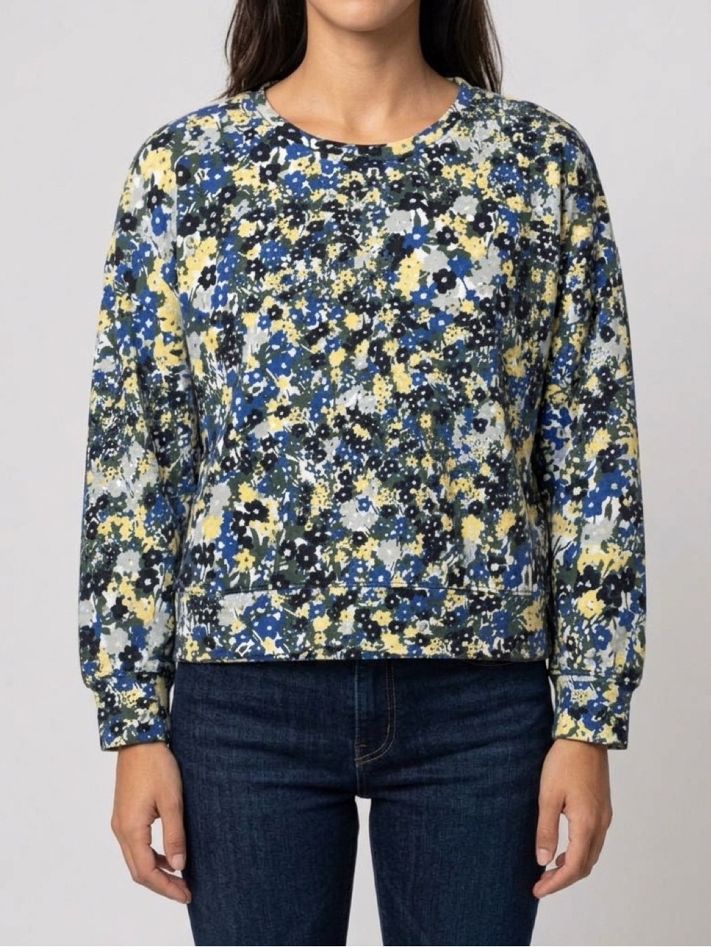 Ann Taylor Floral Puff-Sleeve Crewneck Sweatshirt in Blue and Yellow Florals